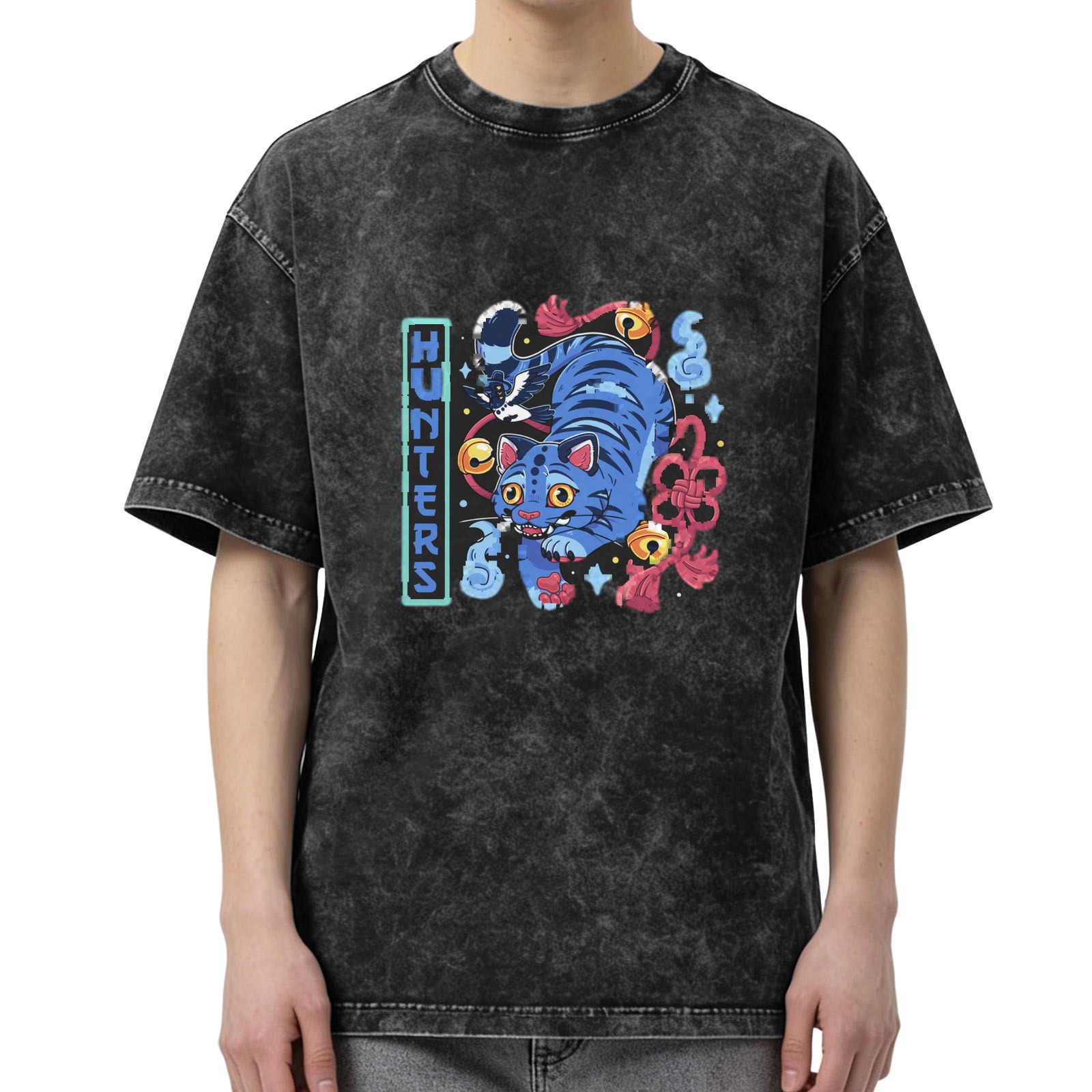 Washed Black Graphic T-Shirt With Blue Cat Hunters Print