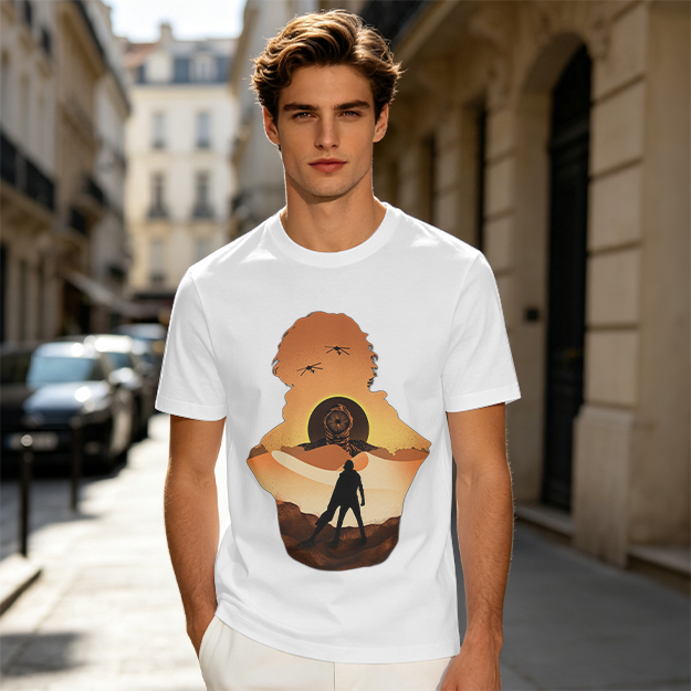 Olive Green T-Shirt With Desert Sunset Silhouette Graphic