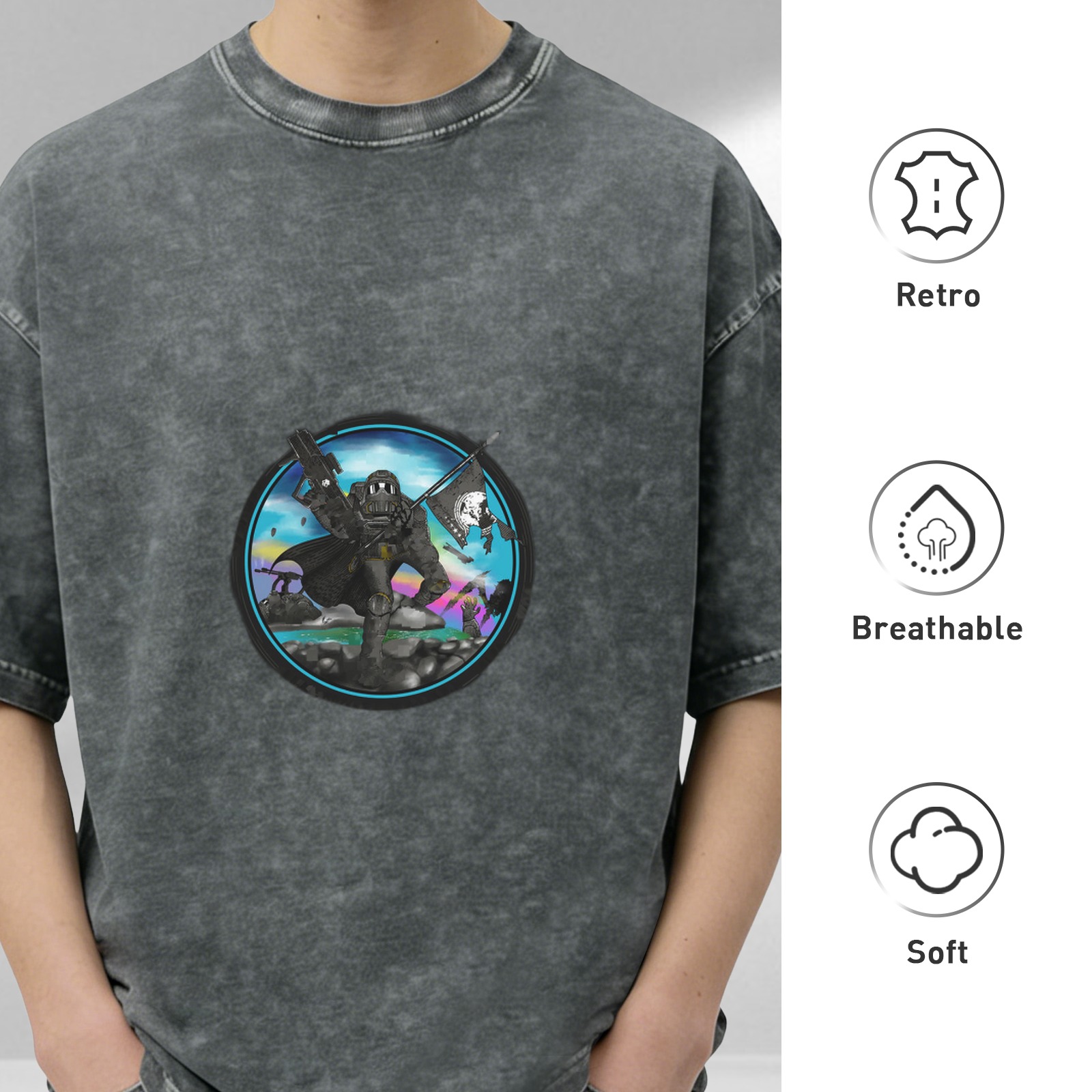 Oversized Black Acid Wash T-Shirt With Cyber Gorilla Pirate Graphic