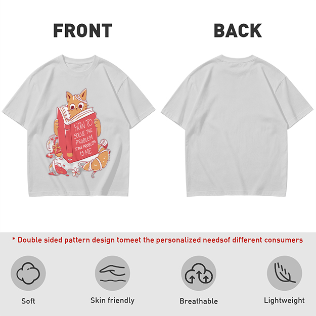 Olive T-Shirt With Ginger Cat Reading Self-Help Book Print