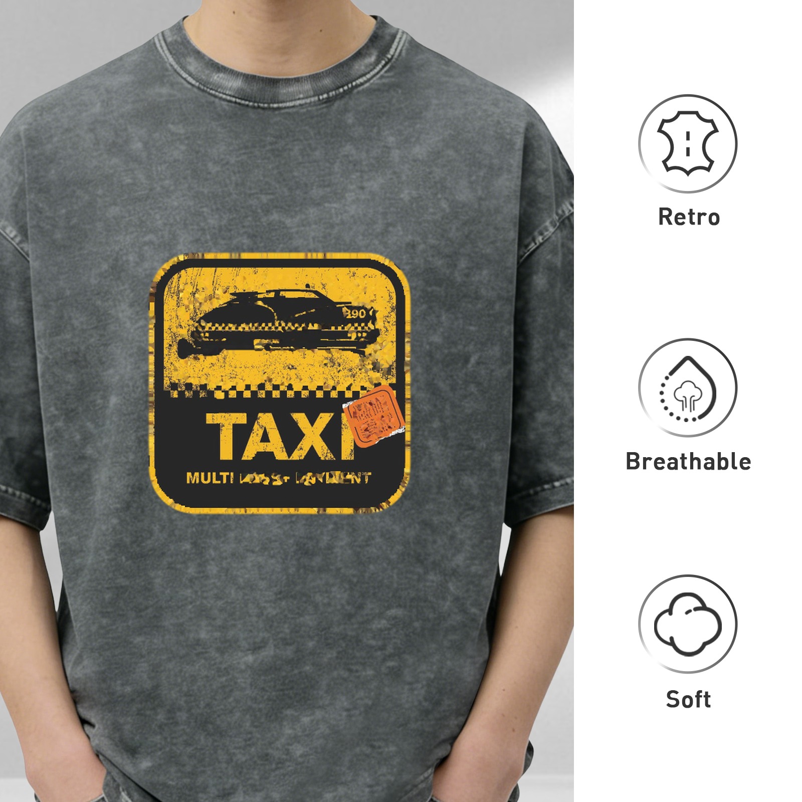 Distressed washed black Taxi theme printed short-sleeved T-shirt loose style