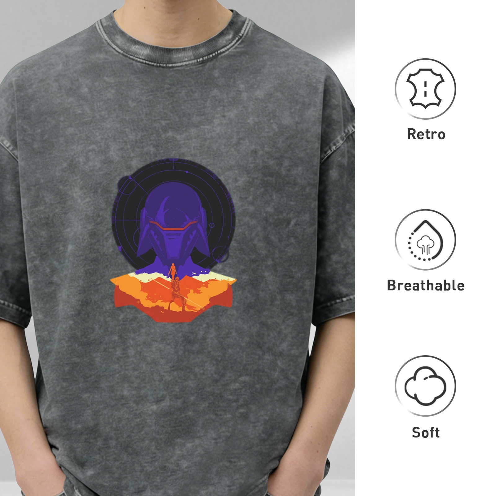 Oversized Acid Wash T-Shirt with Sci-Fi Warrior Helmet Graphic