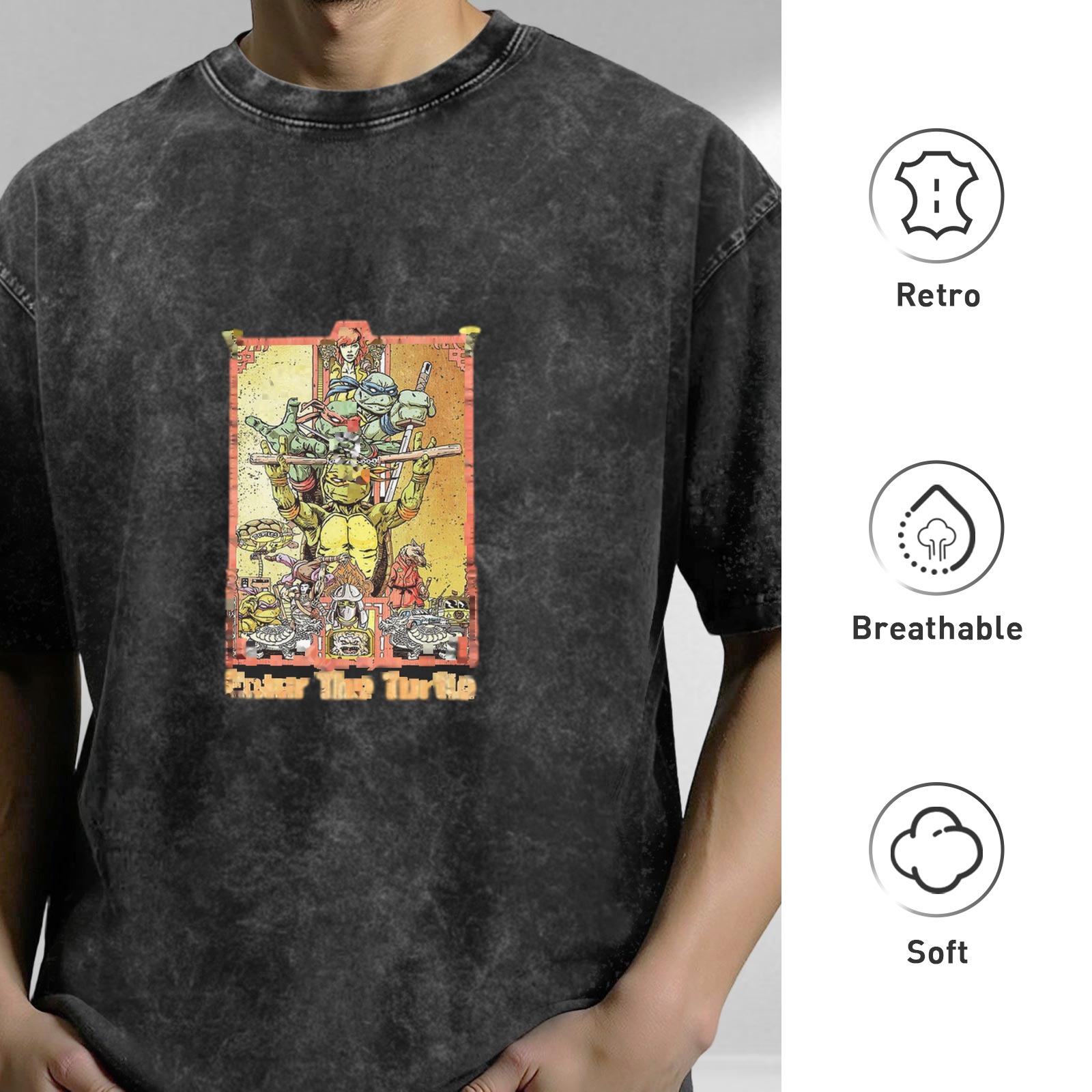 Vintage washed black Teenage Mutant Ninja Turtles themed printed short-sleeved T-shirt