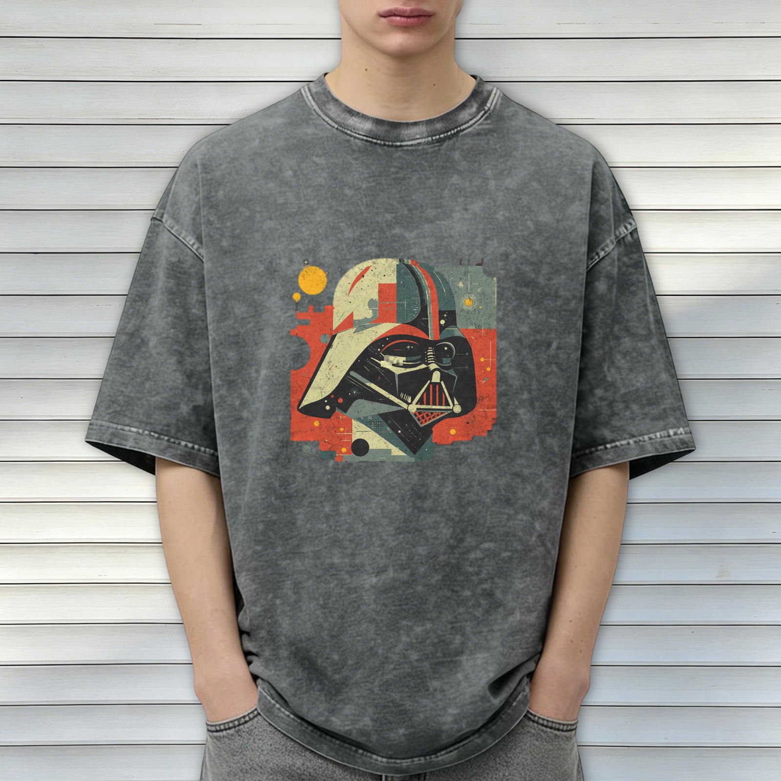 Washed Black T-Shirt with Retro Darth Vader Graphic