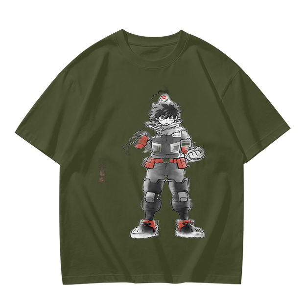 Olive T-Shirt With Anime Hero Character Print