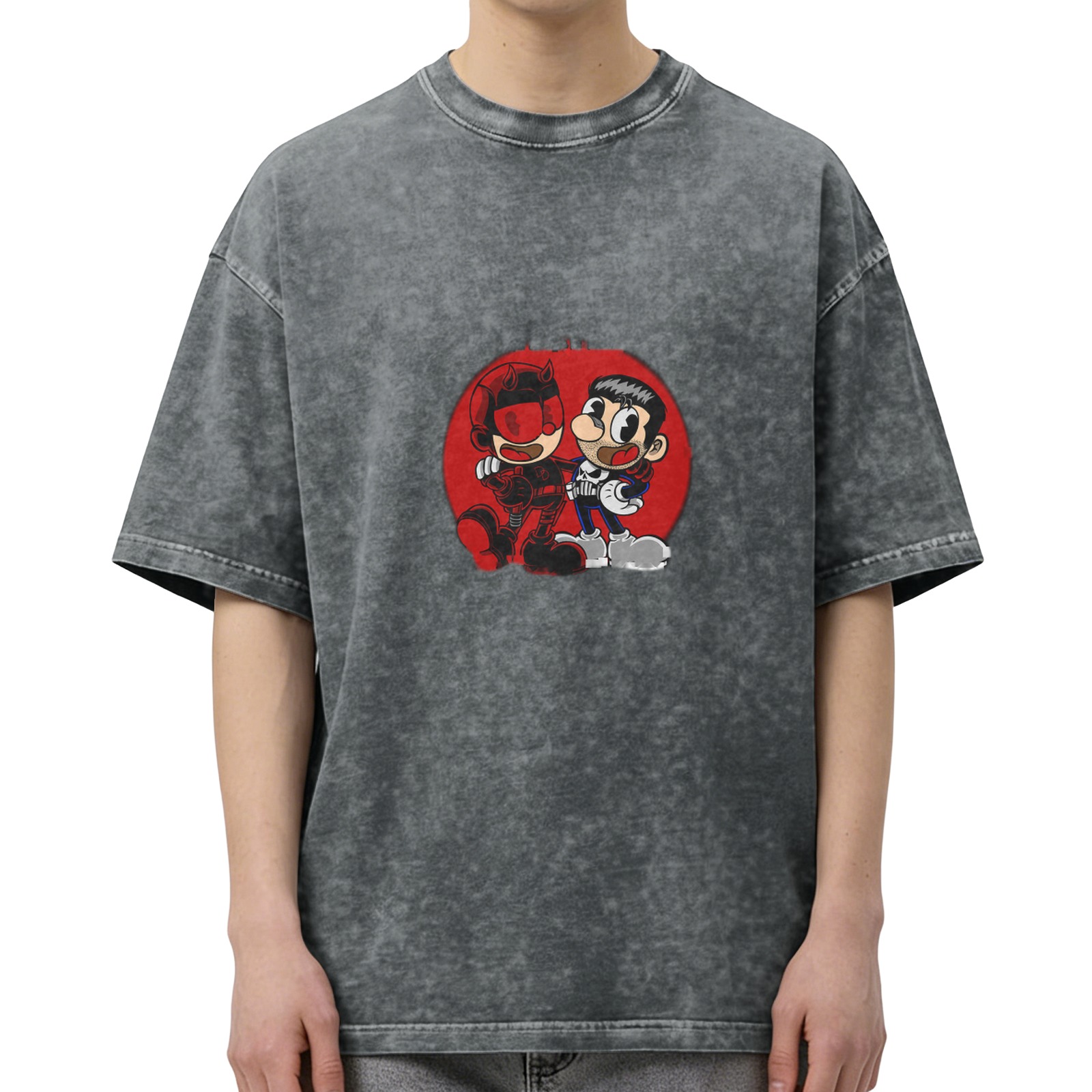 Oversized Washed T-Shirt with Retro Cartoon Superhero Print