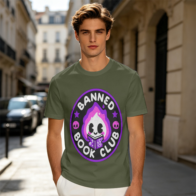 Olive green graphic t-shirt with banned book club flame skull design