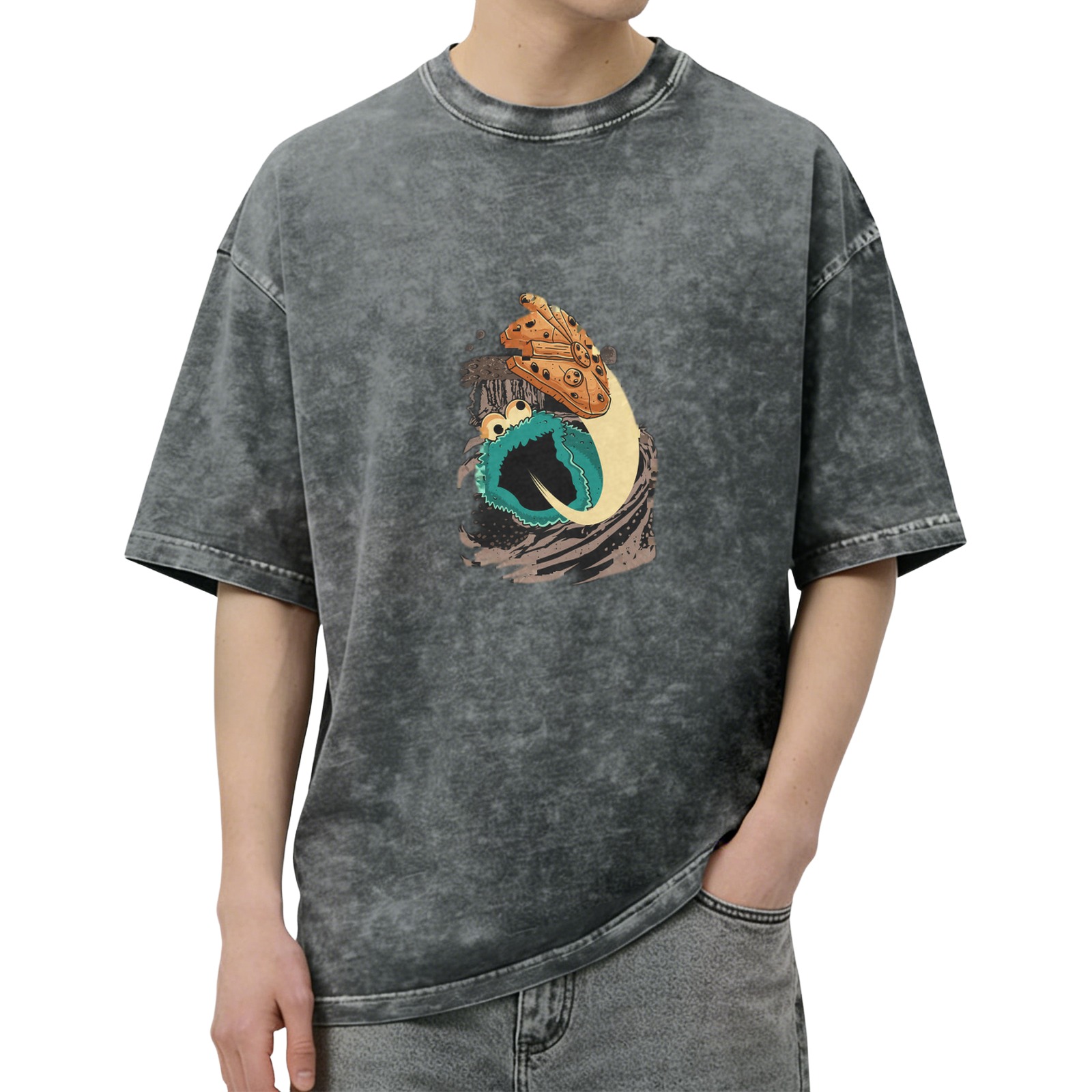 Oversized Acid Wash T-Shirt with Cookie Monster Graphic Print
