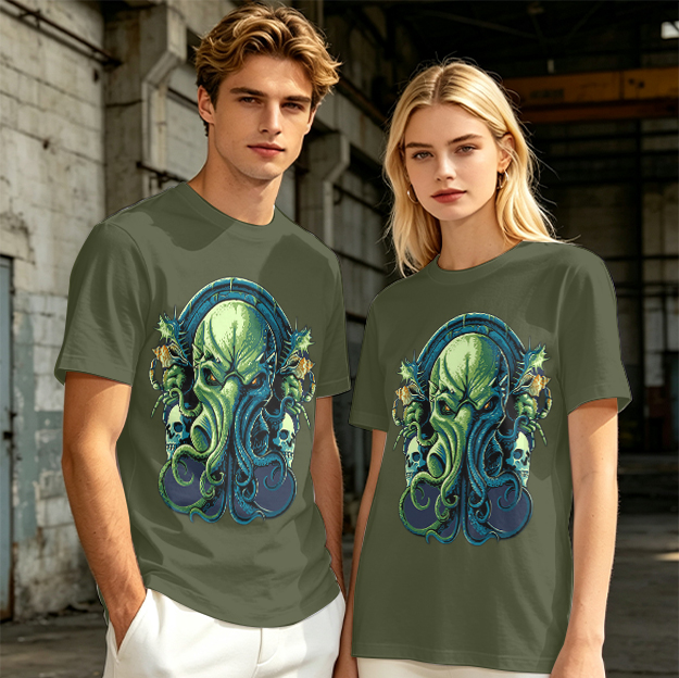 Olive Green T-Shirt With Cthulhu Skull Graphic Print