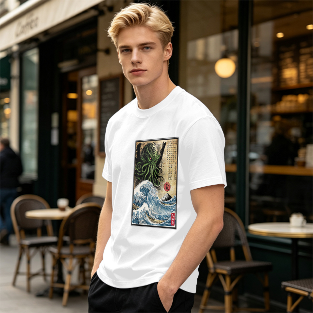 Olive T-shirt with Cthulhu Great Wave Japanese Art Print