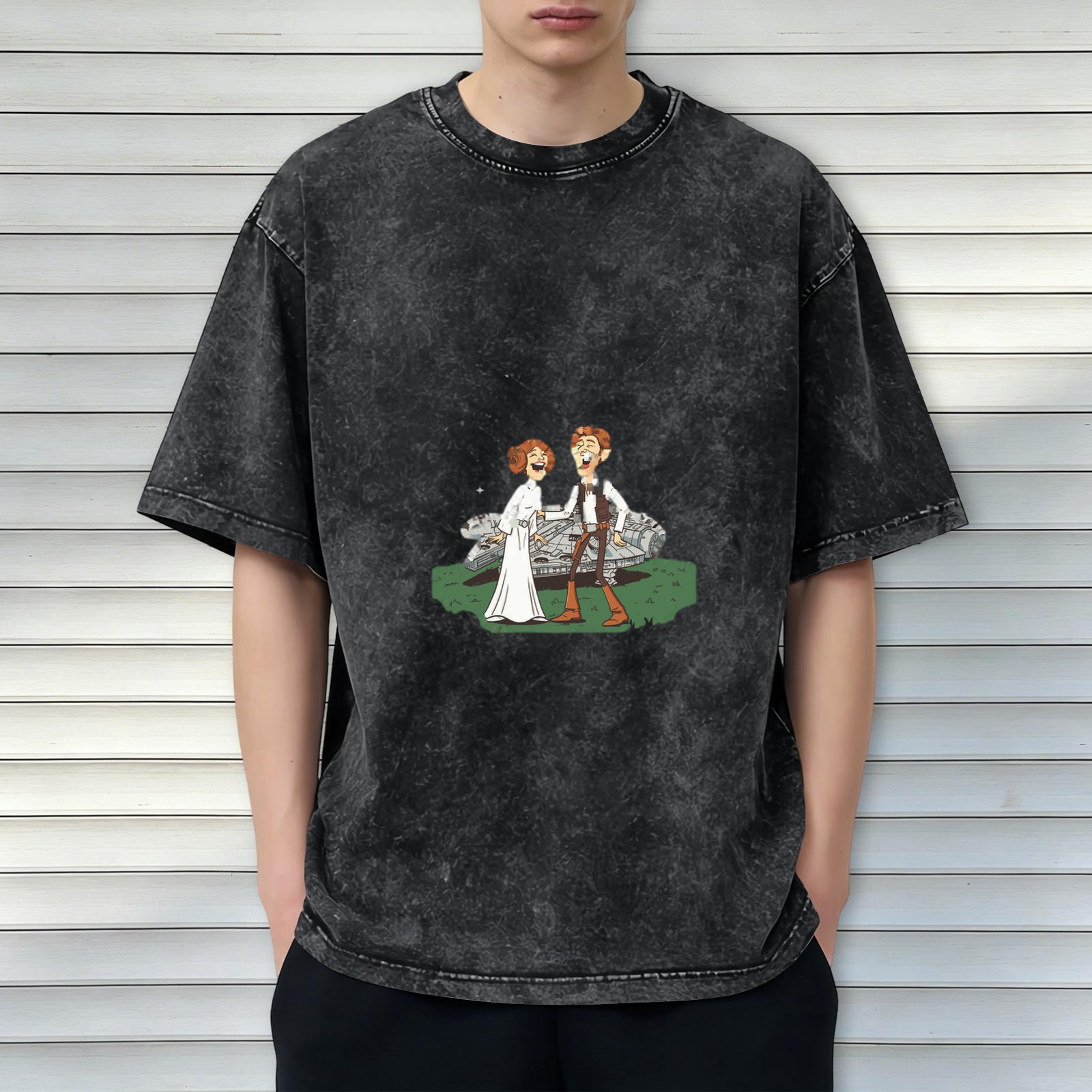 Washed black t-shirt with laughing Star Wars characters and Millennium Falcon print