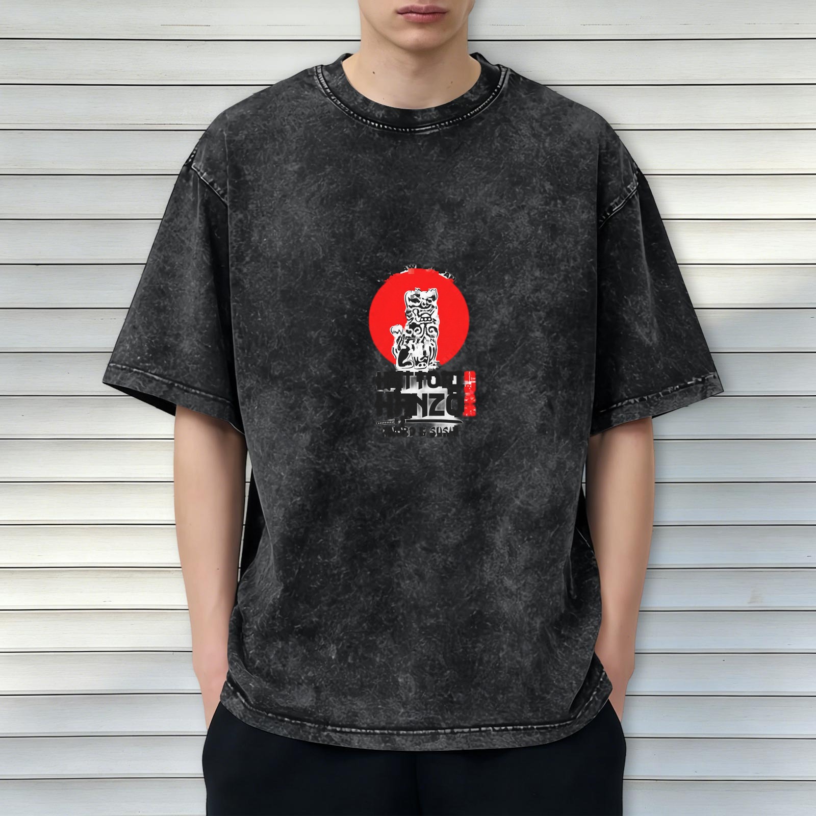 Washed black graphic t-shirt with guardian lion and red sun design