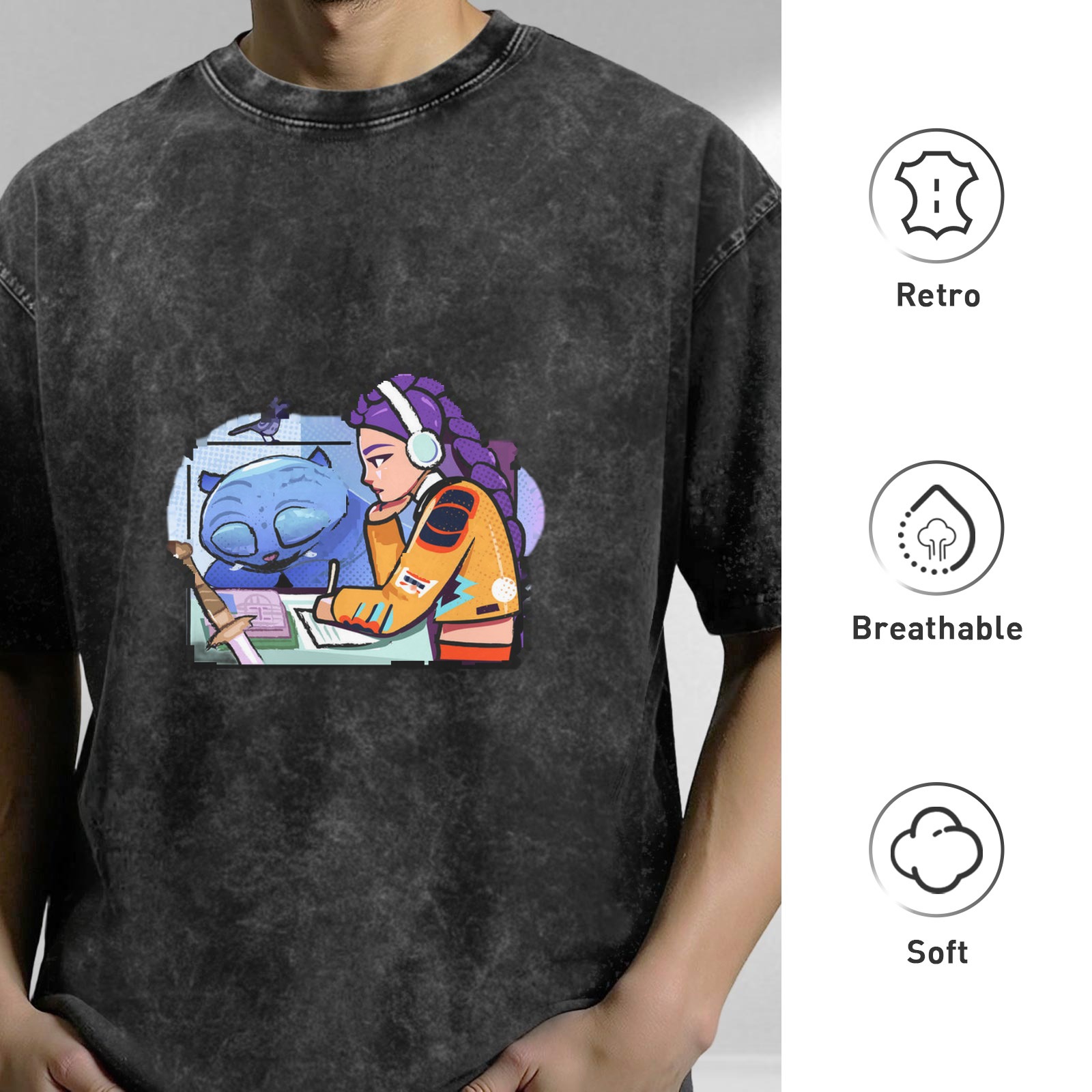 Washed graphic tee with anime girl and blue cat illustration