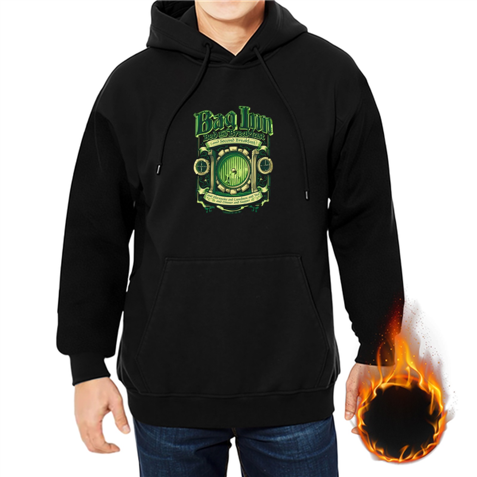 Black Hoodie with Bag Inn Hobbit Door Graphic Print