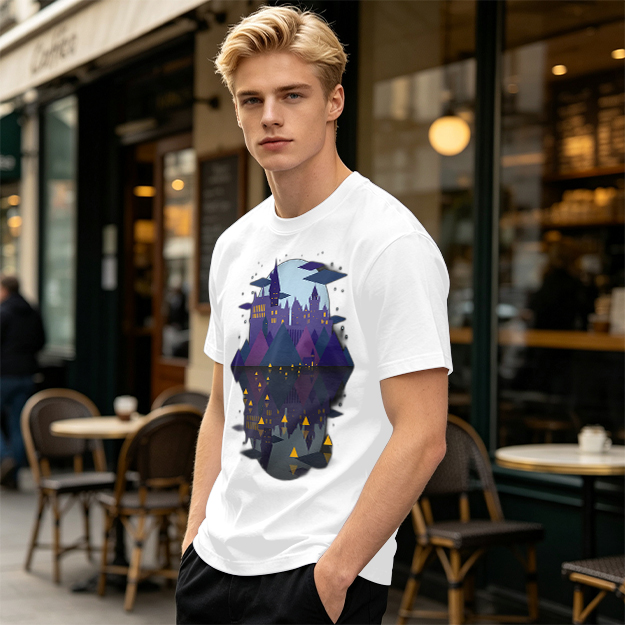 Olive T-Shirt With Night Castle Lake Reflection Graphic