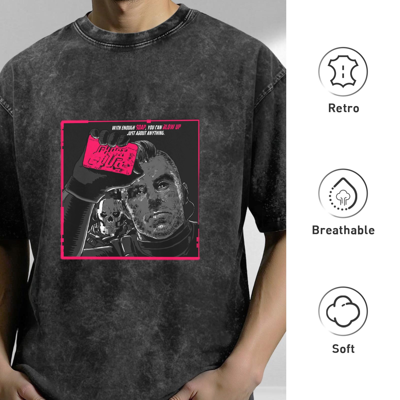 Washed black graphic t-shirt with cyberpunk-style man and skull print