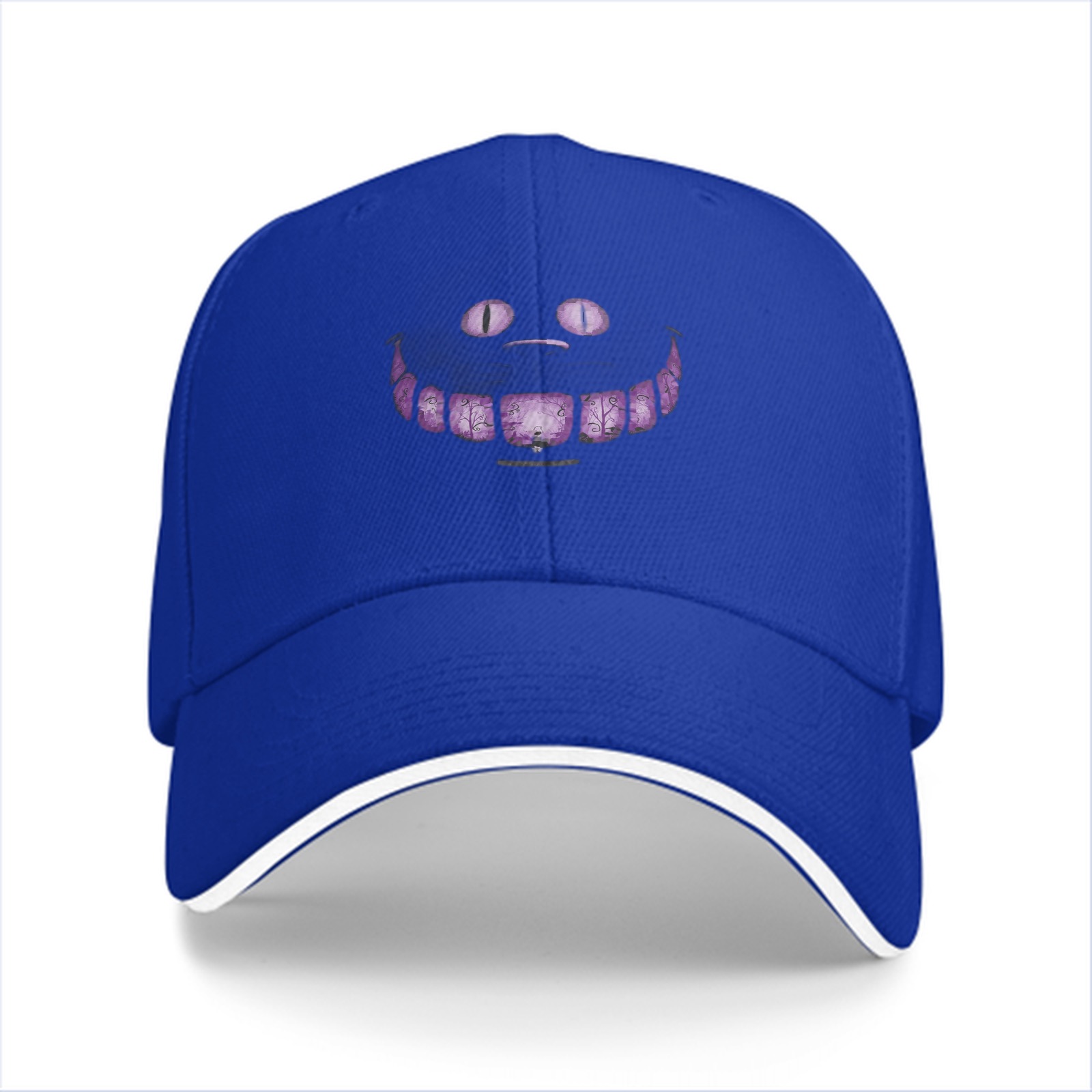 Black Baseball Cap with Cheshire Cat Purple Grin Print