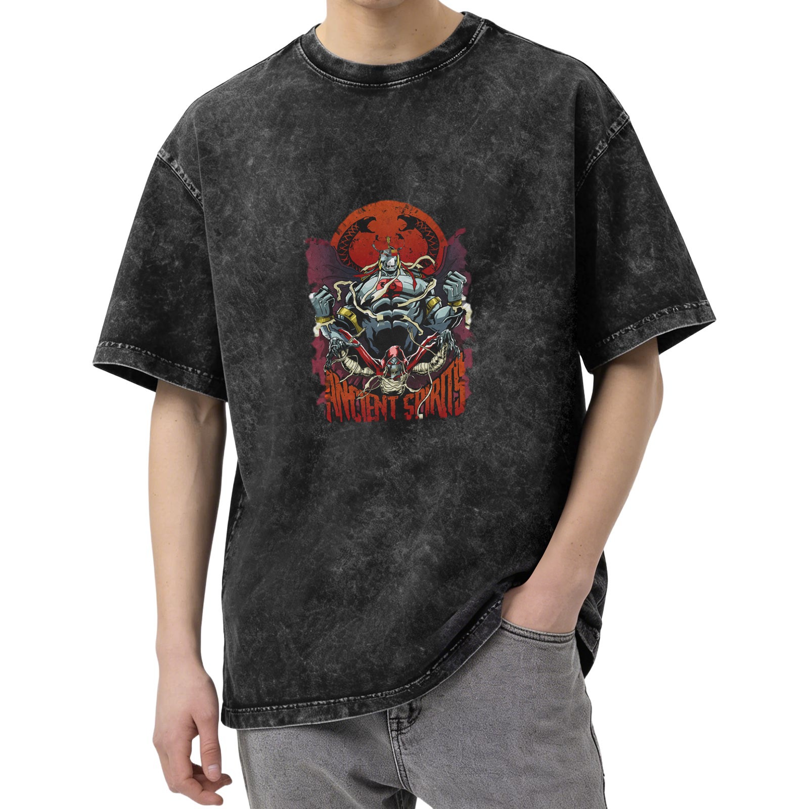 Washed Black Graphic T-Shirt with Ancient Spirits Monster Print