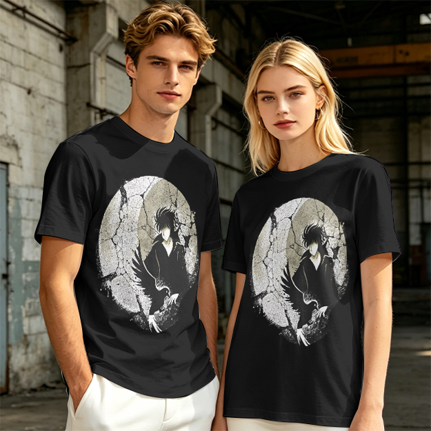 Olive T-shirt with Dark Anime Character and Raven Print