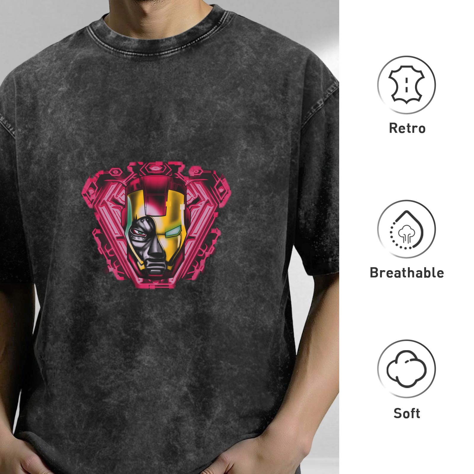 Oversized Acid Wash T-Shirt With Iron Man Graphic