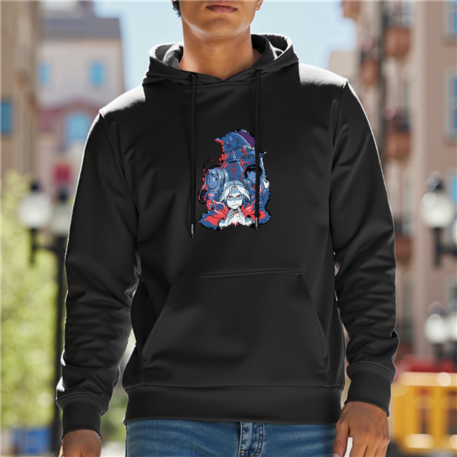 Black Anime Graphic Hoodie With Dark Fantasy Character Art