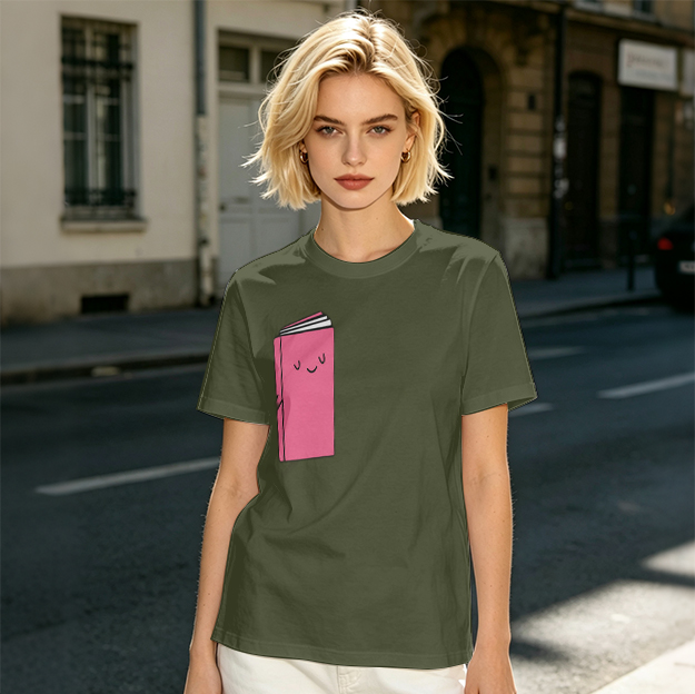 Olive Green T-Shirt With Cute Smiling Pink Book Graphic