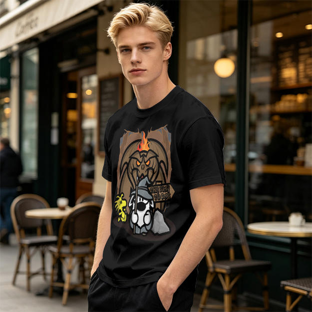 Olive t-shirt with wizard dog and dragon cave graphic