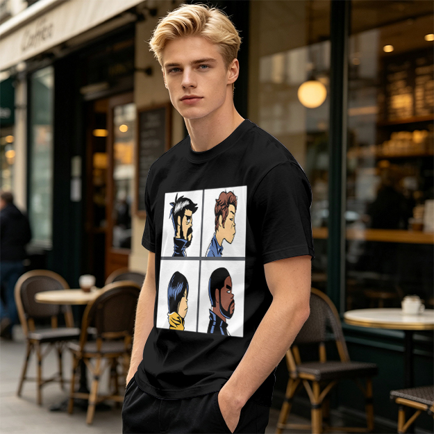 Olive T-Shirt With Four Cartoon Character Profile Portraits