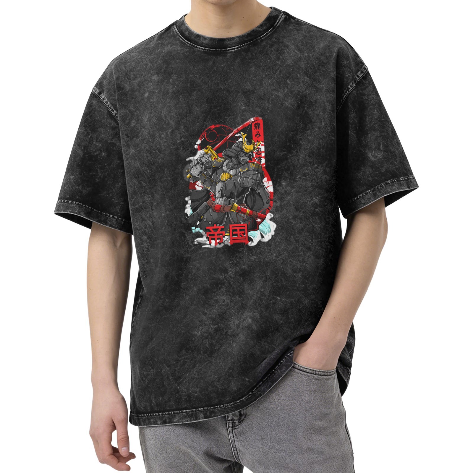 Oversized Black Acid Wash T-Shirt with Japanese Samurai Graphic Print