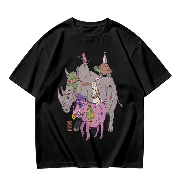 Olive T-Shirt With Whimsical Fantasy Animal Group Print
