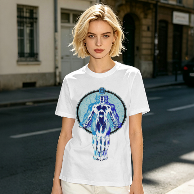 Olive T-Shirt with Glowing Blue Superhero Figure Graphic