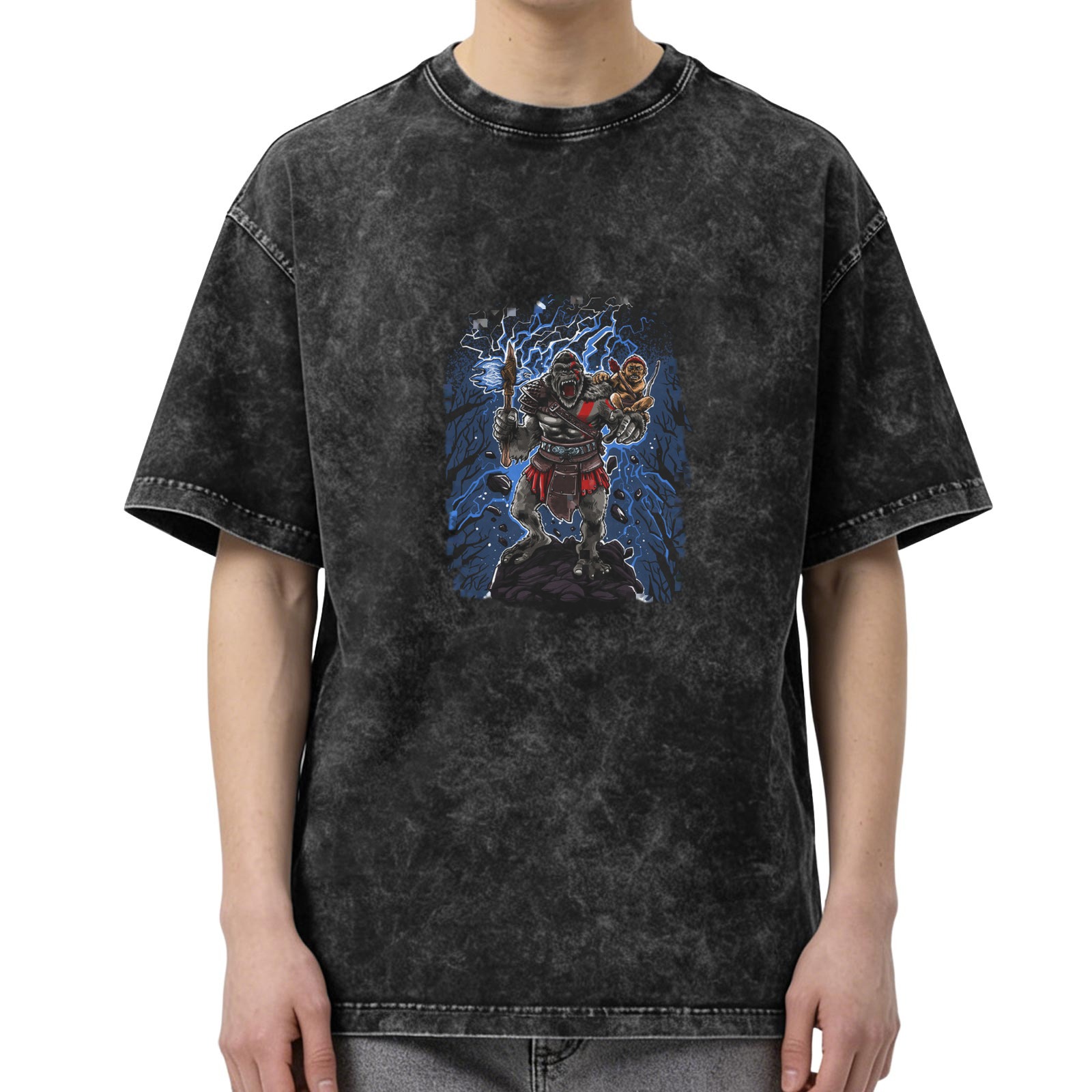 Washed black oversized t-shirt with gorilla warrior graphic print