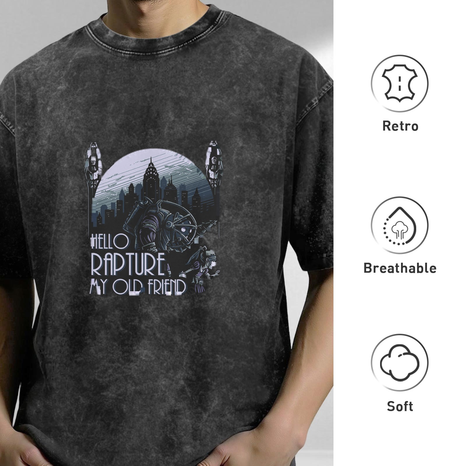 Oversized Vintage Wash T-Shirt with BioShock 'Hello Rapture My Old Friend' Graphic Print
