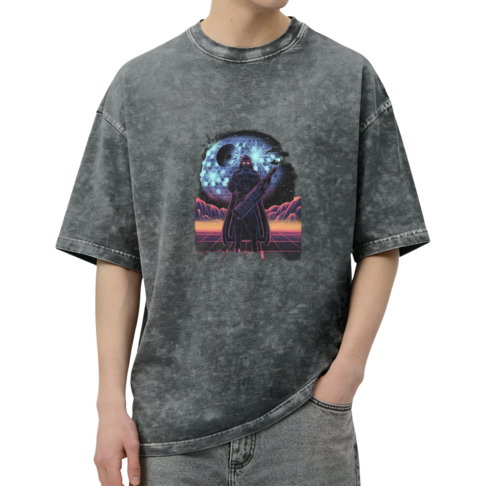 Retro Synthwave Darth Vader Disco Death Star Graphic T-Shirt