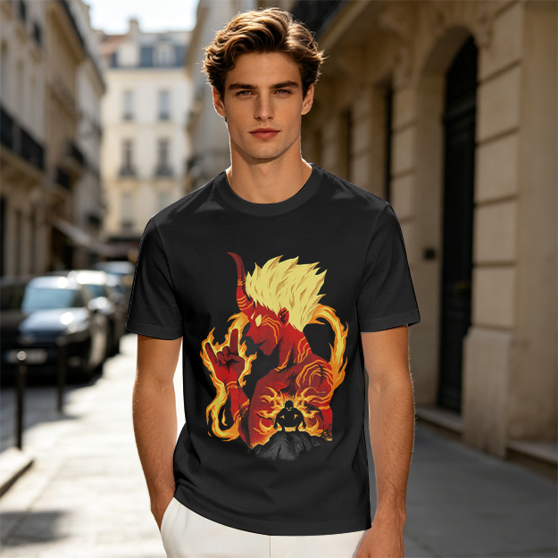 Oni Demon Flame Graphic Olive Green Casual T-Shirt