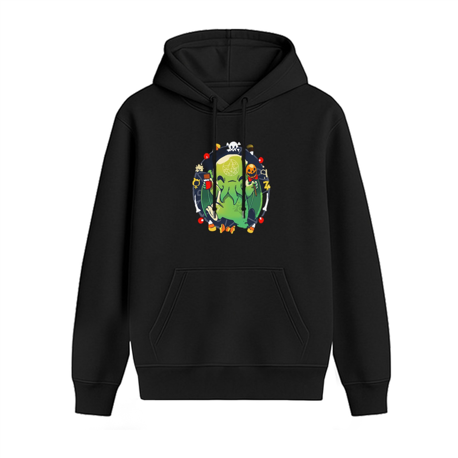 Black Hoodie With Cute Cthulhu Halloween Themed Graphic