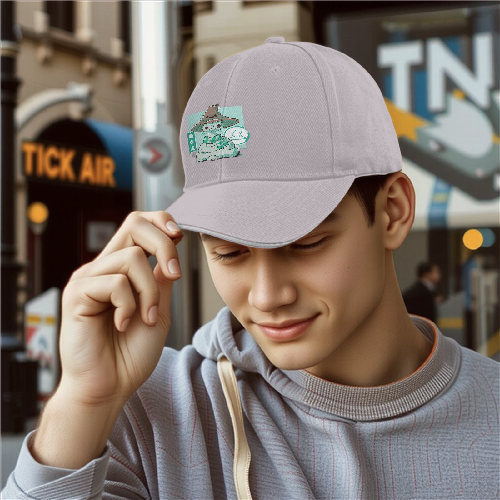 Black Baseball Cap With Cute Witch Snake Character Graphic
