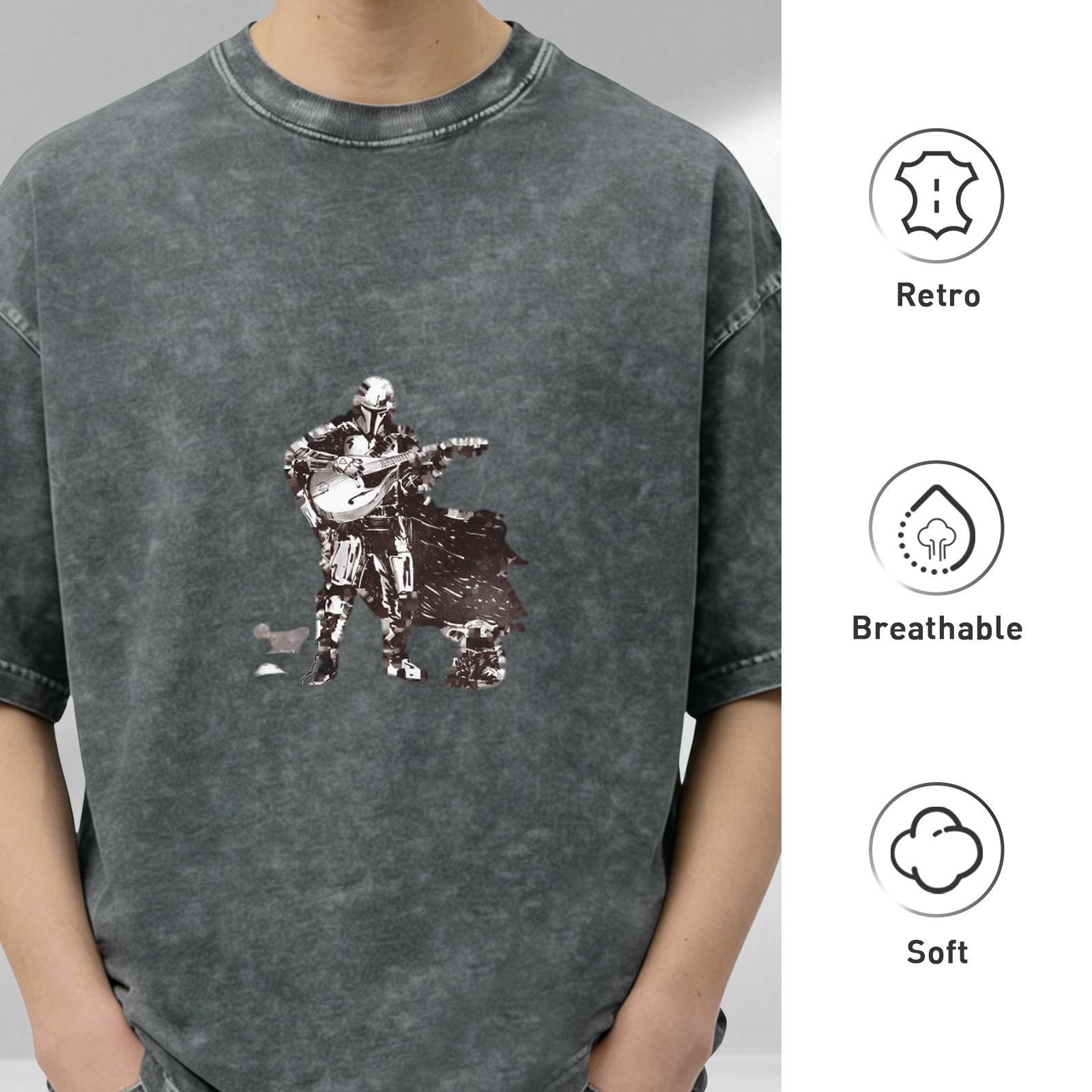 Washed Black T-Shirt With Mandalorian Playing Lute Artwork