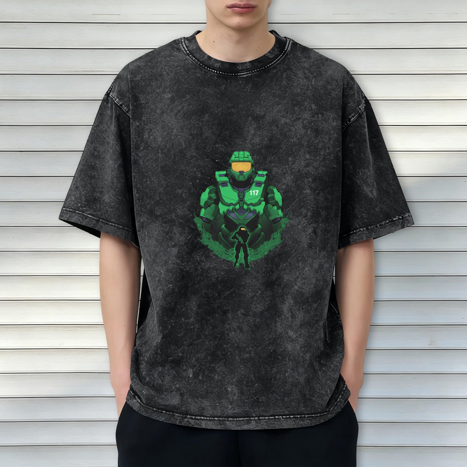 Oversized Dark Wash T-Shirt With Master Chief 117 Graphic