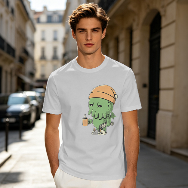 Olive T-Shirt With Sleepy Cthulhu Holding Coffee And Phone