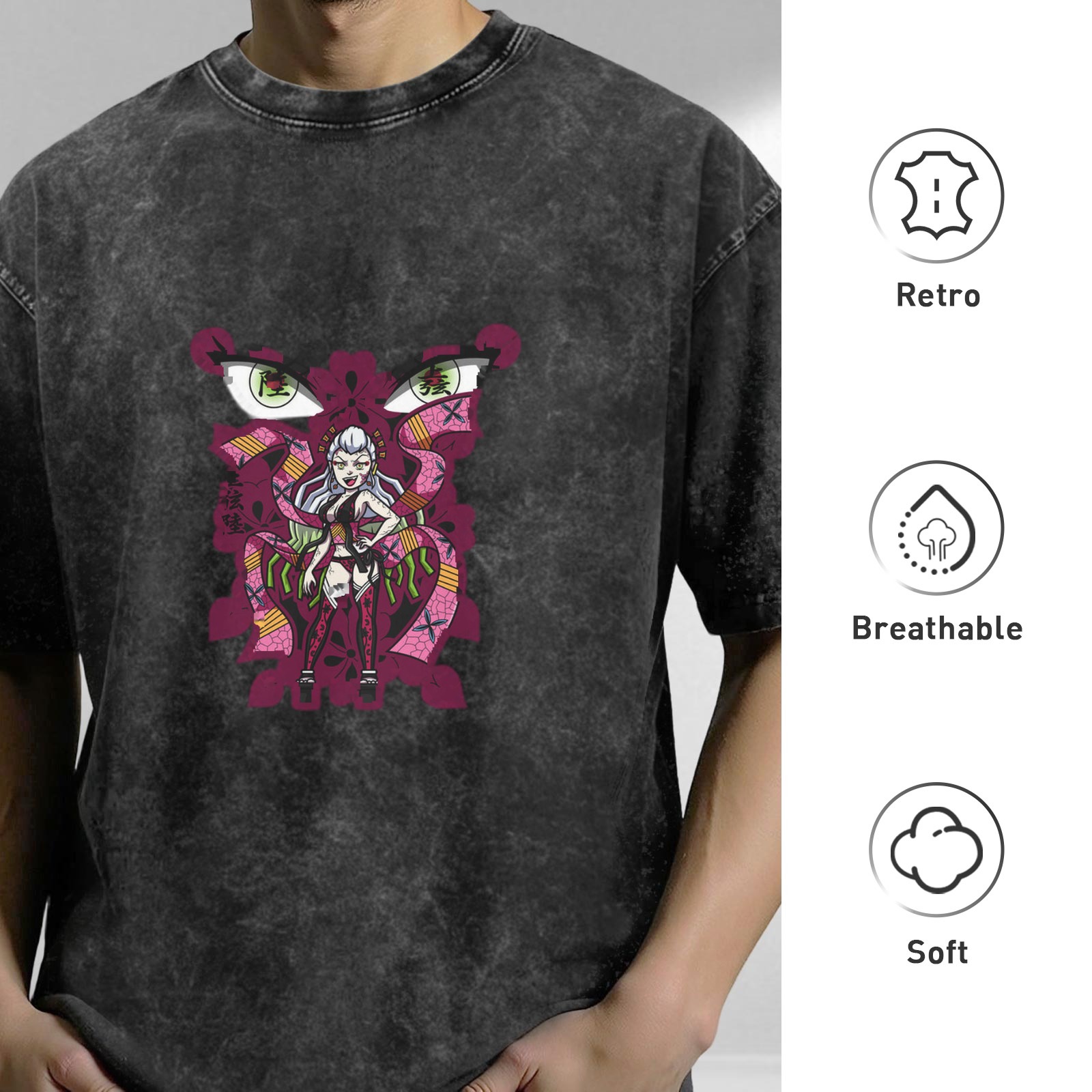 Oversized dark washed anime graphic t-shirt with demon character print