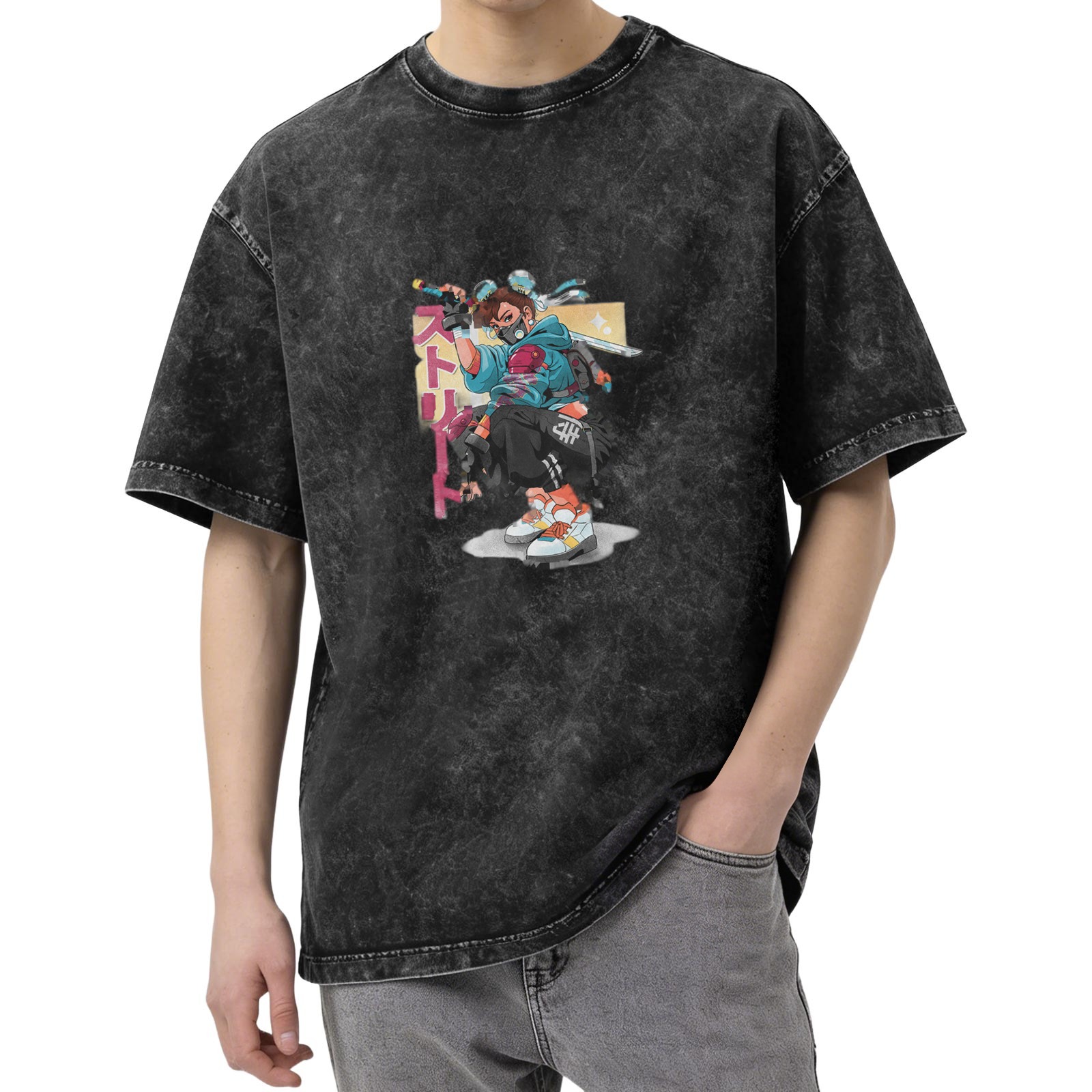 Oversized Acid Wash T-Shirt with Anime Cyberpunk Ninja Graphic
