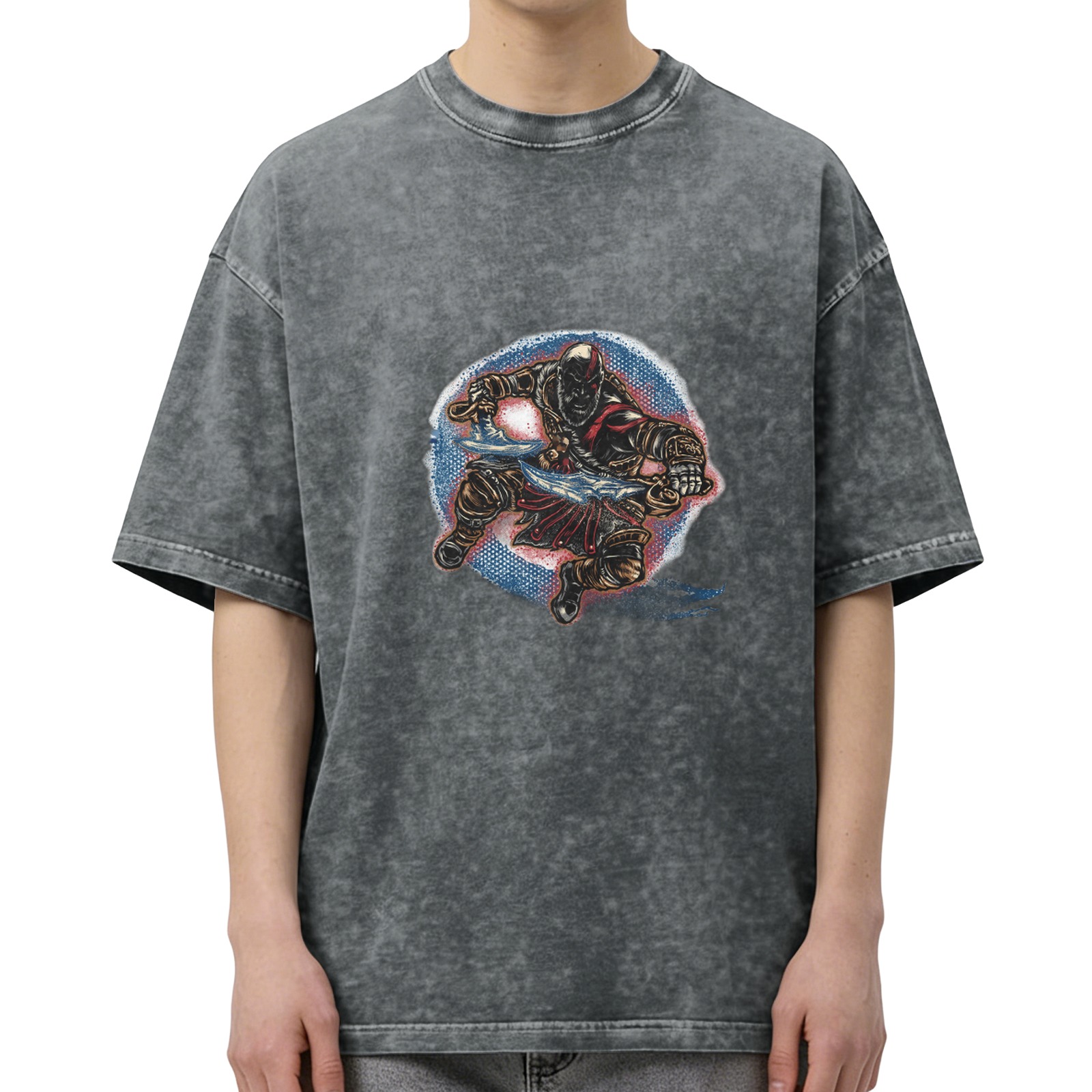 Washed Black Oversized T-Shirt With Warrior Graphic Print