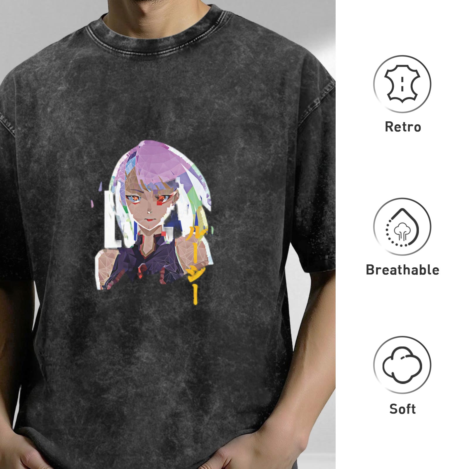 Cyberpunk Anime Character Graphic Oversized Washed Black T-Shirt