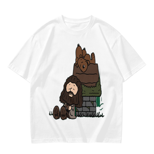 Olive T-Shirt With Cartoon Bearded Man And Doghouse Print