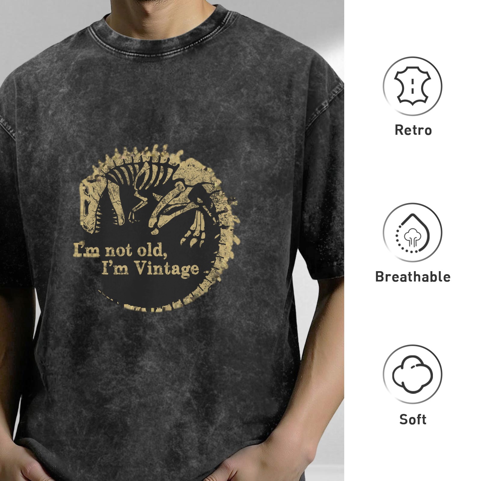 Vintage Washed T-Shirt with Dinosaur Skeleton 'I'm Not Old I'm Vintage' Print