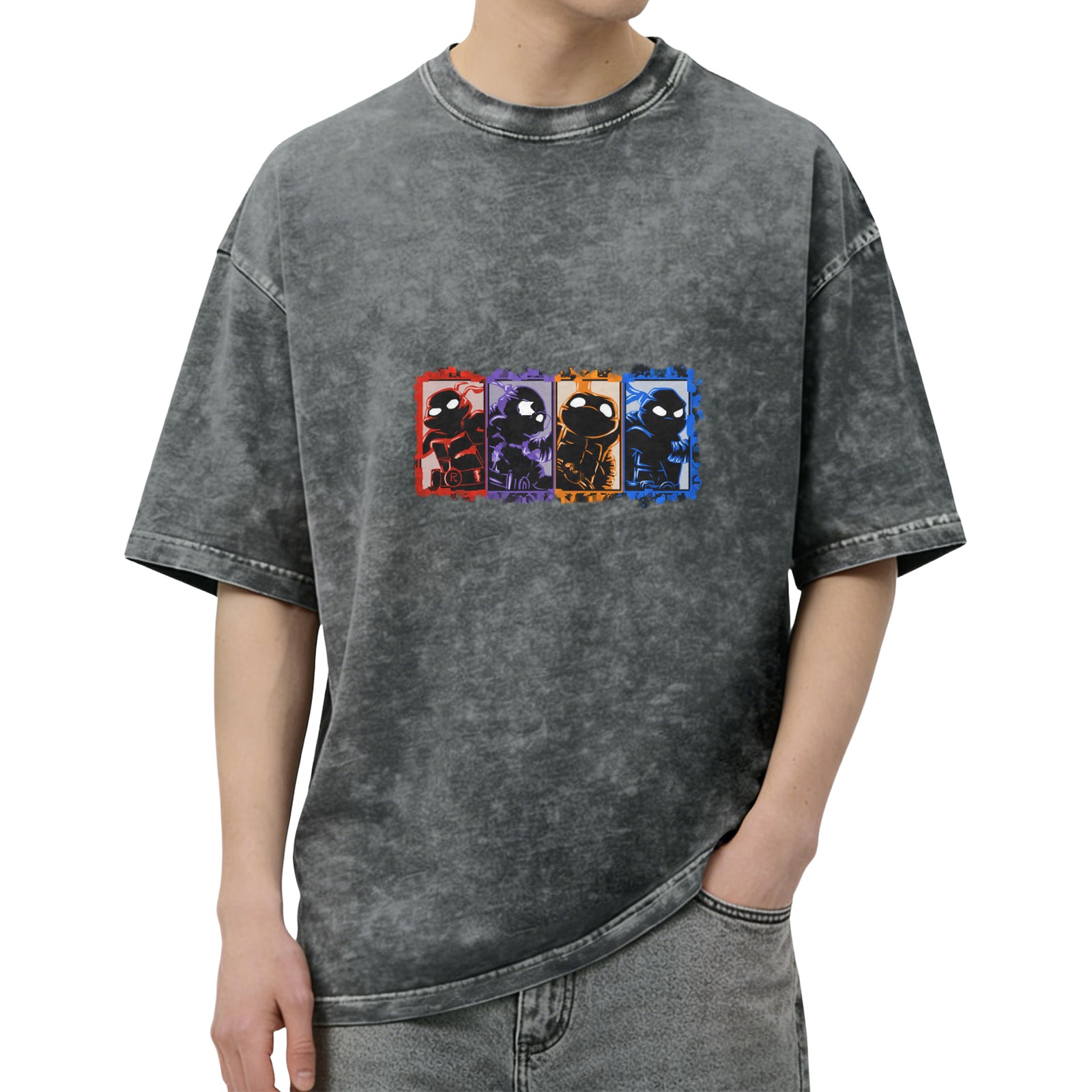 Washed Black T-Shirt with Ninja Turtle Character Panels