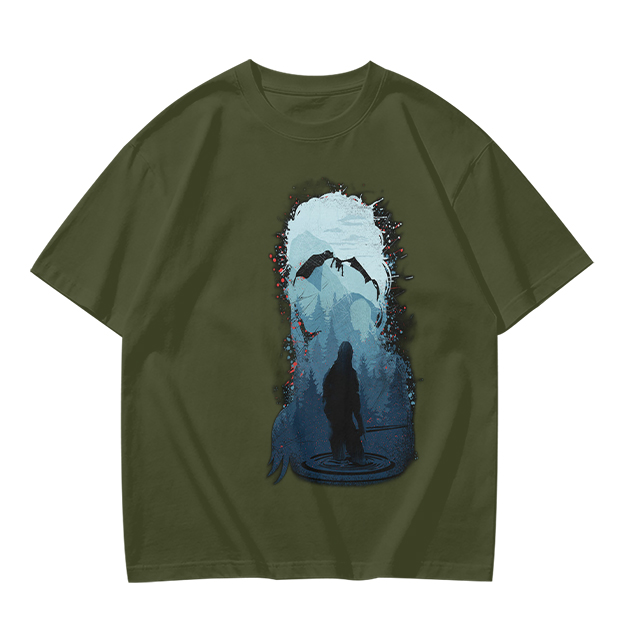Olive T-Shirt With Dark Fantasy Silhouette And Dragon Print