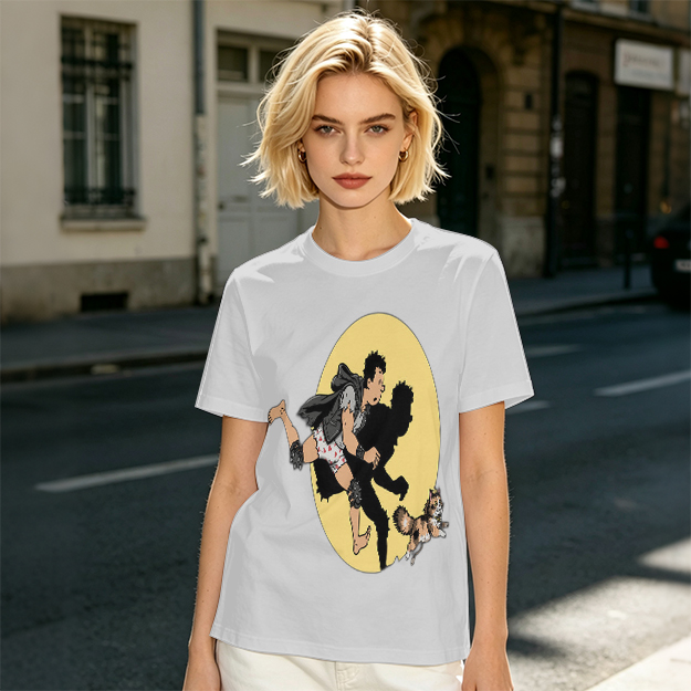 Olive T-Shirt With Cartoon Running Figure And Shadow Print