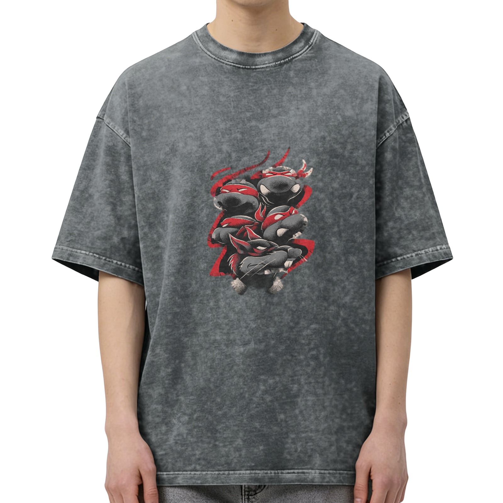 Washed Black T-Shirt With Ninja Turtle Graphic Print